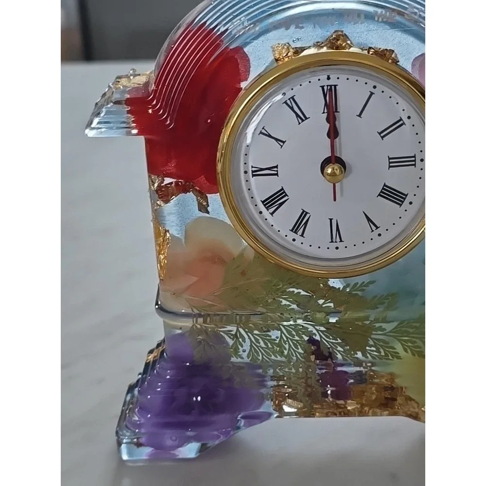 Handmade‎ Resin Desk Clock Decoration Gift Clear With Multi Colored Flowers 733